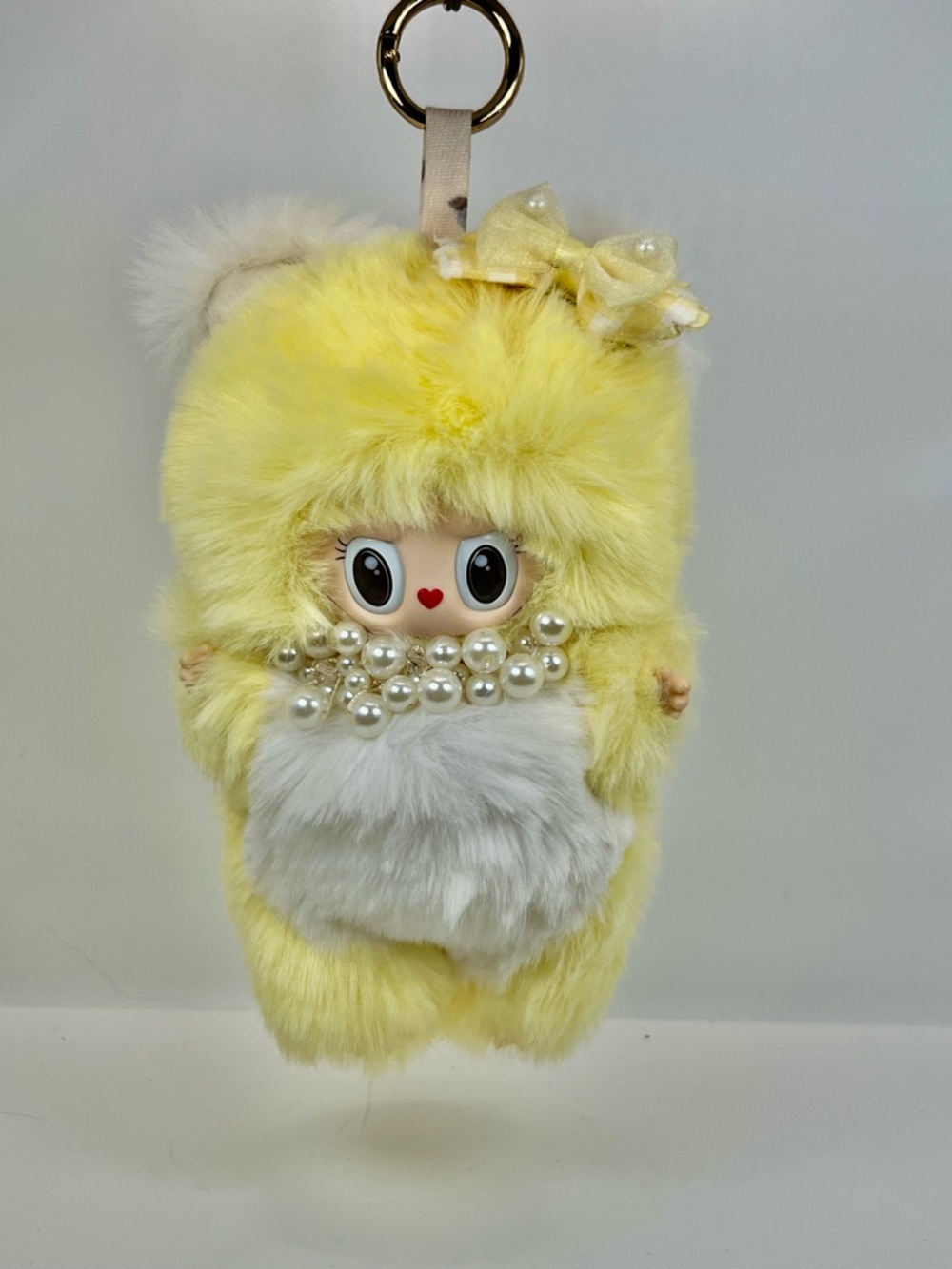 (23) Cute Yellow Faux Fur Doll Keychain Charm with Pearl Accent